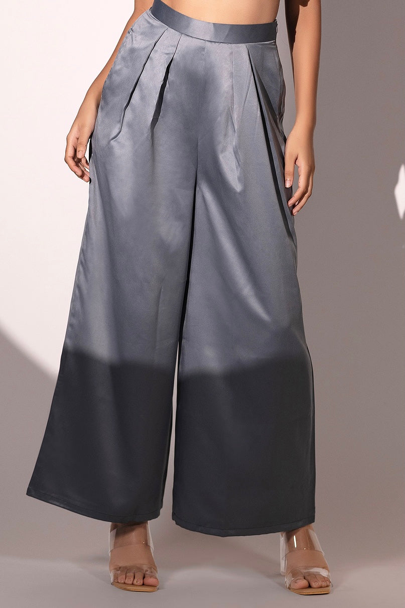 Grey Pleated Flared Trouser