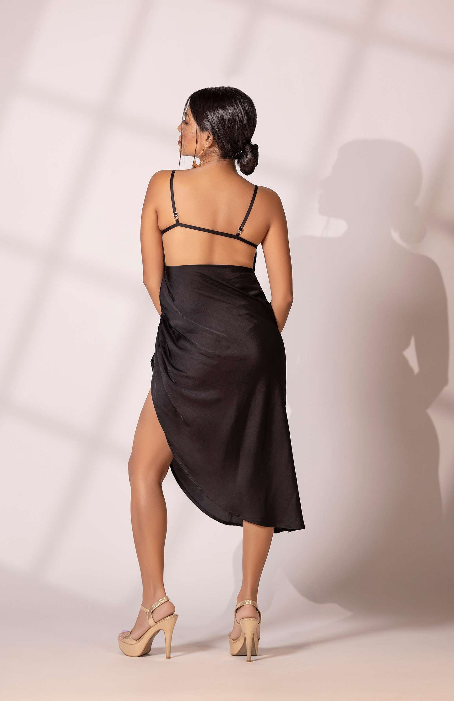 Black Satin Drape Dress